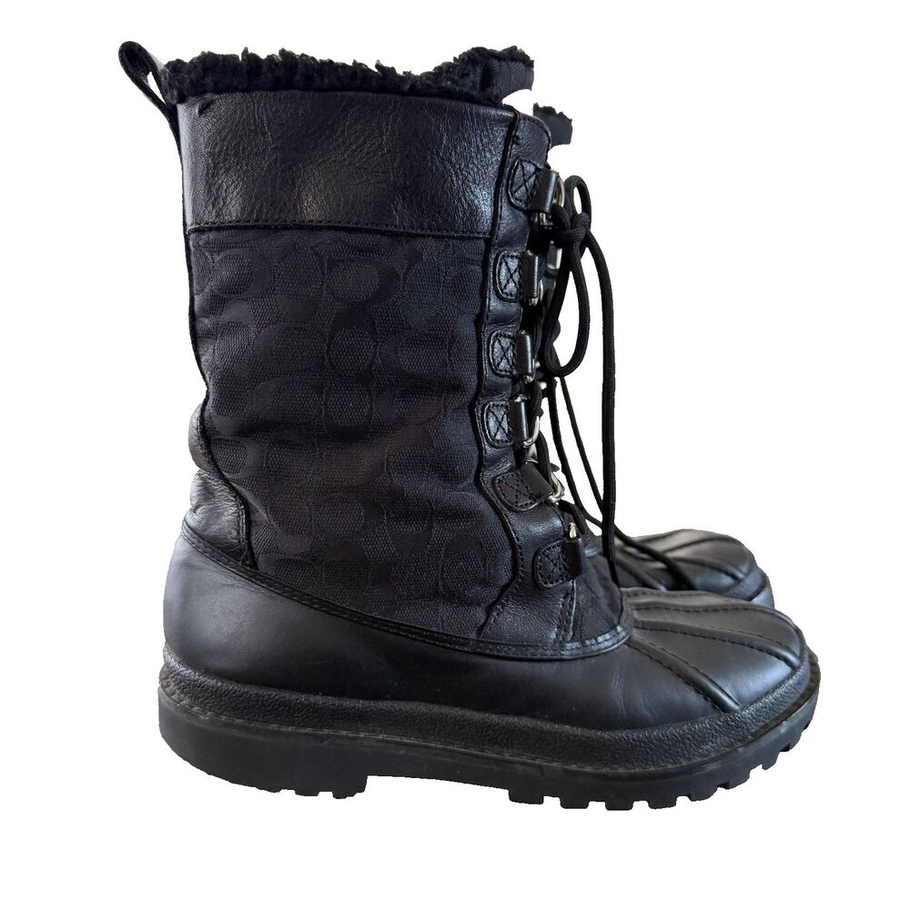 Coach Signature Boots Womans Sz 7B Black Warm Winter Snow Leather Fur Lined Rain